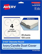 Avery Printable Round Candle Dust Covers, 3.5" Diameter, Matte Ivory, Sure Feed Technology, Print-To-The-Edge Capability, Laser/Inkjet Compatible, 100 Total, Ideal for Packaging, Displays, and More