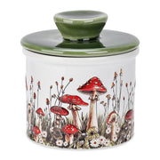 Fungi Fun Mushroom Butter Keeper, Ceramic Crock, White and Green