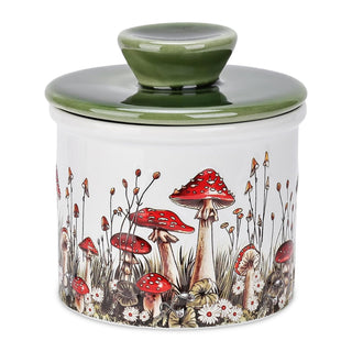 Fungi Fun Mushroom Butter Keeper, Ceramic Crock, White and Green