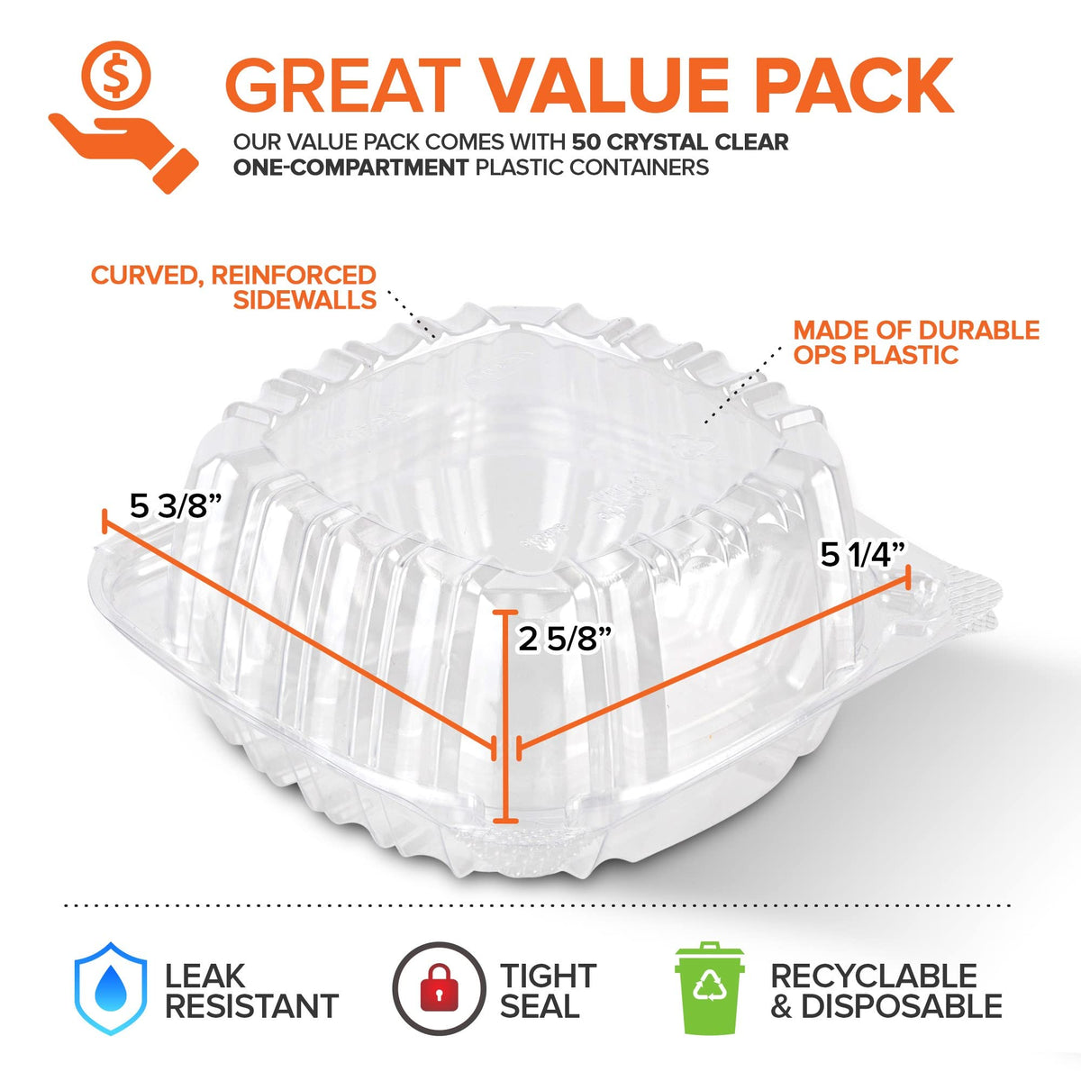 Stock Your Home 5" x 5" - 50 Count / Clear / 1 Clamshell Take Out Containers