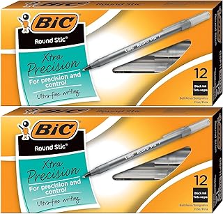 BIC Round Stic Xtra Precision Ball Pen, Fine Point (0.8 mm), Black, 24-Count