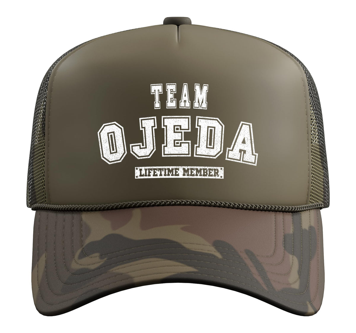 Team OJEDA Lifetime Member Family Last Name Trucker Hat with Adjustable Mesh Back by OJEDA Family Apparel – Polyester, Camo Green