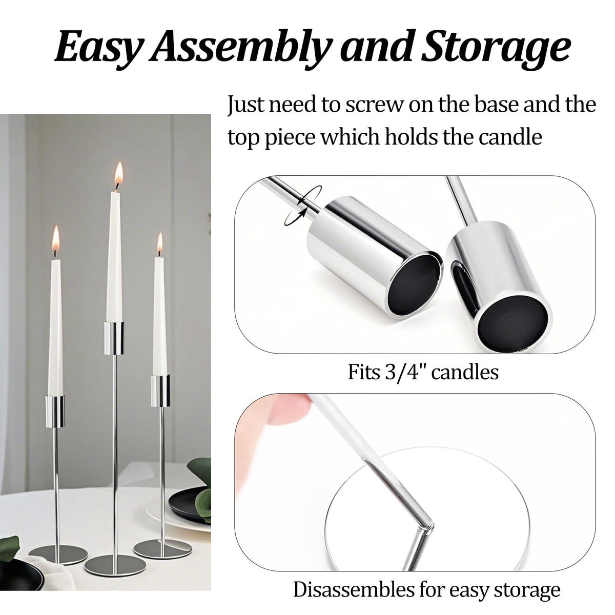 AUMAYCO Metal Taper Candle Holders, Set of 6 in Three Heights, Silver