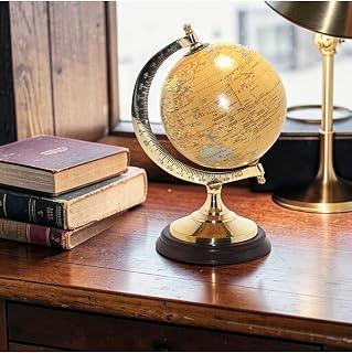 23cm Antique World Map Globe with Shiny Metal Stand and Wood Base - Decorative Desktop Globe
