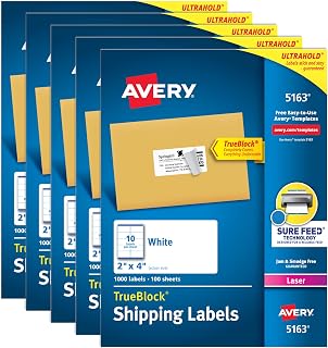 Avery Printable Shipping Labels, Sure Feed® Technology, 2" x 4" Customizable Stickers, White, 5,000 Blank Mailing Labels, Great for Mailing, Shipping, and More (5-Pack of 5163)