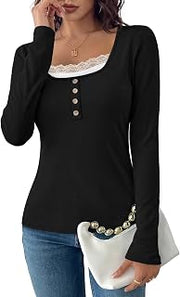 Long Sleeve Shirts for Women Lace Trim Tops