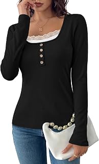 Long Sleeve Shirts for Women Lace Trim Tops
