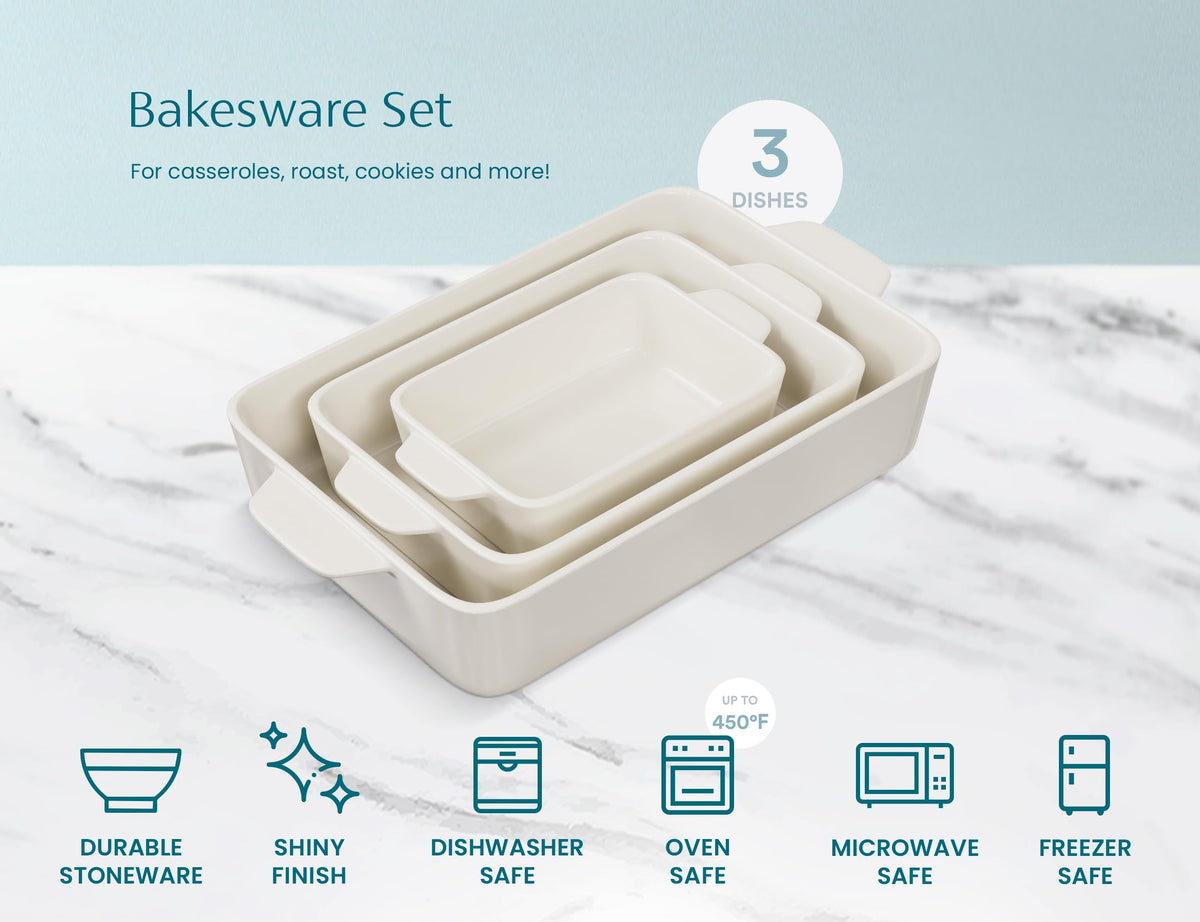 KooK Ceramic Baking Dish Set, Small Medium Large, Cream
