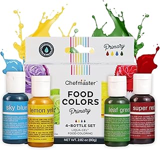 Chefmaster Primary Colors Liqua-Gel Food Coloring Kit - Water-Based Food Coloring Gel - 4 Pack - Highly Pigmented, Create Vividly Colored Desserts, Easy-To-Blend Formula - Made in the USA