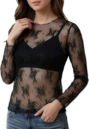 Mesh Long Sleeve Top for Women, Lace Sheer Tops Mock Neck Black
