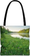 Premium Tote Bag - Lakeside Meadow Glowing Green with Scattered Wildflowers, Reinforced Stitching