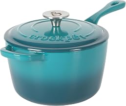 Crock-Pot 3-Quart Teal Ombre Enamel Cast Iron Saucepan with Lid – Durable Oven Safe Cookware