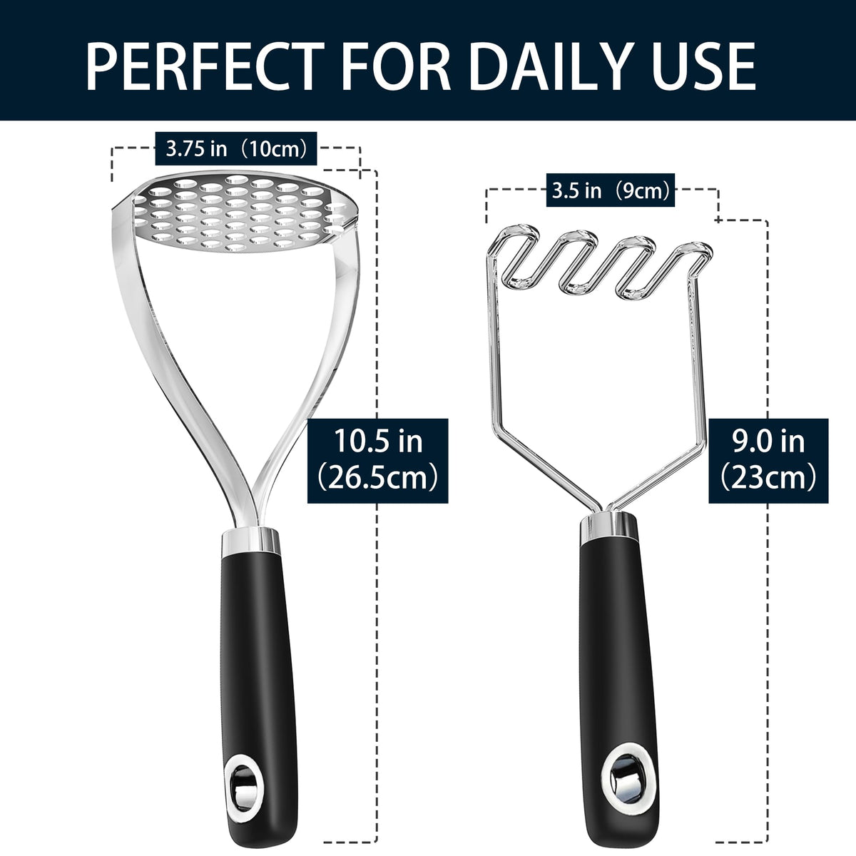 Mujinon Stainless Steel Potato Masher Set, 10.3 Inch, Black, Pack of 2
