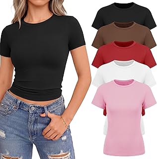 5 Pack T Shirts for Women Short Sleeve Crop Tops Fitted Basic Tee