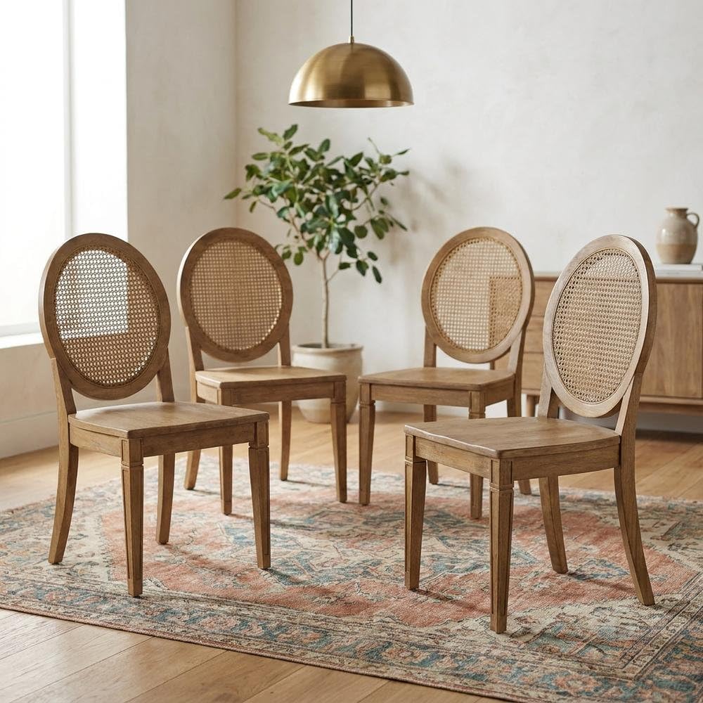 Brown 4-Piece Cane-Back Dining Chair Set by Furnifact – Rubberwood 95.00%,Paper Rattan 5.00%, Brown, Pack of 4