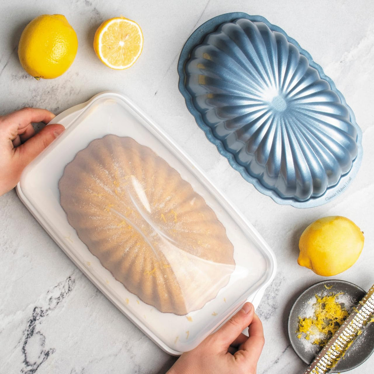 Formed Fluted Loaf with Keeper Set by Nordic Ware – 6-Cup, 6.0 cups, Aluminum, Twilight Blue Pan, Model 50056