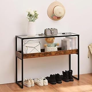 Rustic Industrial Console Table with Transparent Tempered Glass Mesa Top, 2-Tier Open Storage Shelves, 30cm Narrow Side Table, Black Metal Frame Sofa Tables for Entryway Living Room Hallway(120 cm)