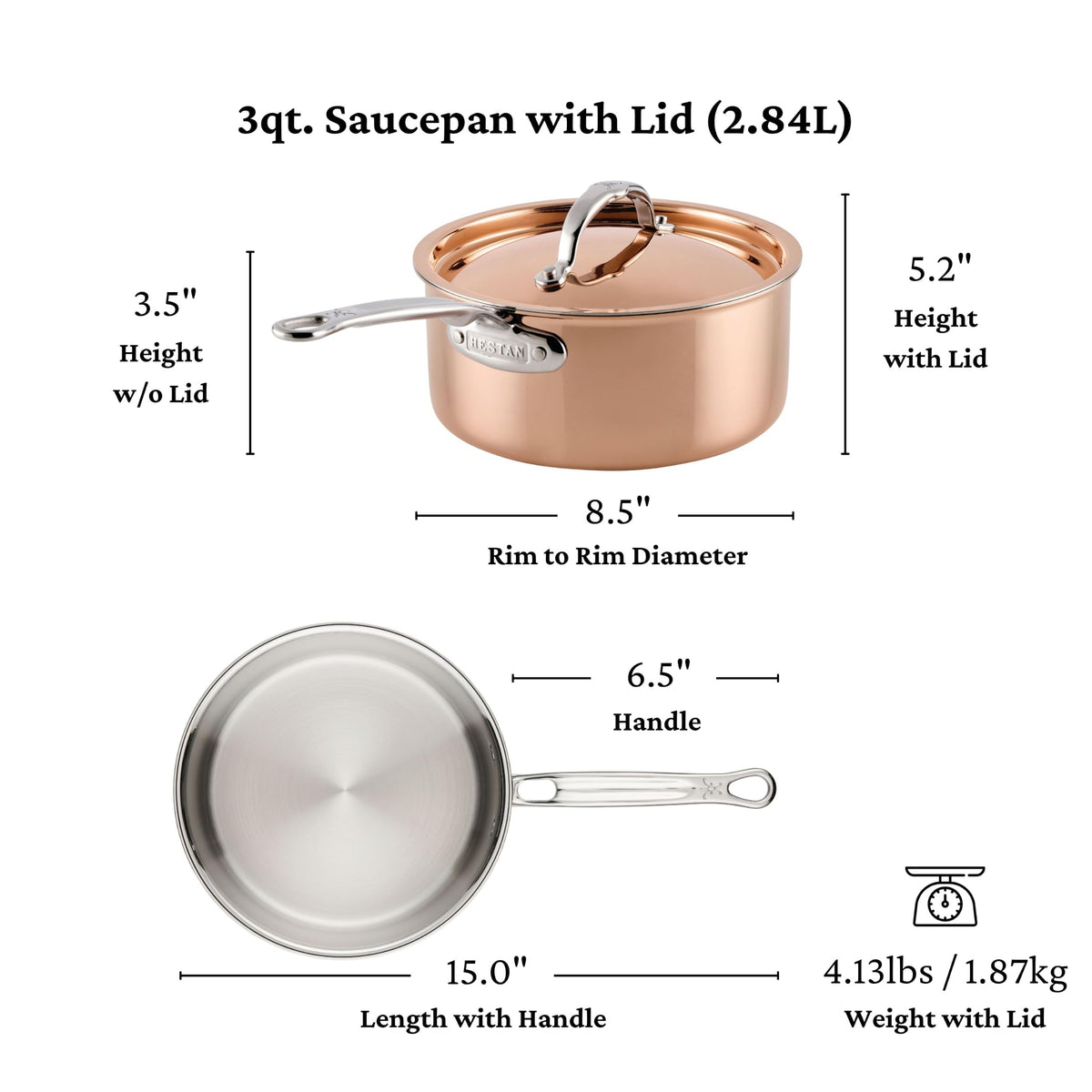 CopperBond® Aura™ 3-Quart Professional Copper Saucepan with Lid by Hestan – 3 Quarts, Copper, Model 31837