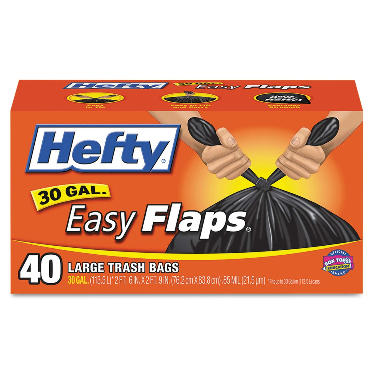 Easy Flap 40-Count 30-Gallon Black Large Trash Bag by Hefty – 40 Count (Pack of 1), 30.0 gallons, Black, Model Essendant, Inc