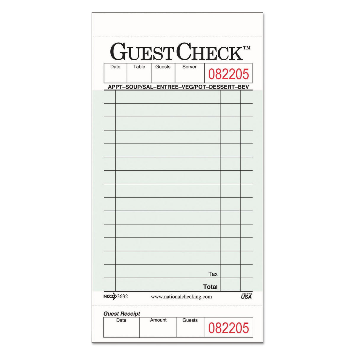 National Checking NTC G3632 Guest Check Pad with Customer Receipt Stub, 3 1/2" Width x 6 3/4" Height, 50 Checks/Pad (Pack of 