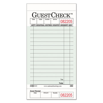 National Checking NTC G3632 Guest Check Pad with Customer Receipt Stub, 3 1/2" Width x 6 3/4" Height, 50 Checks/Pad (Pack of 