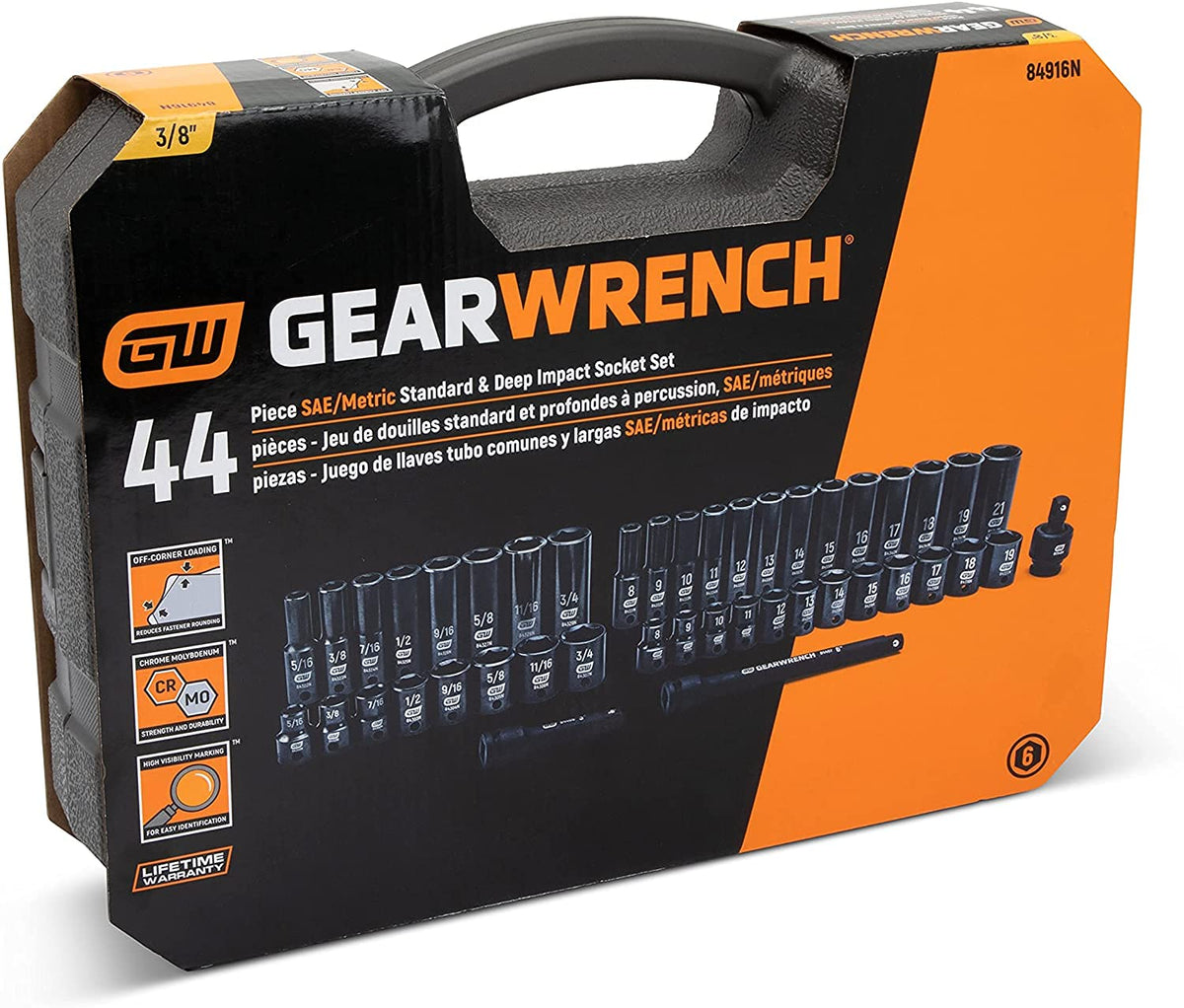 44 Pc 3/8" Dr 6 Pt Std/Deep Impact SAE/mm Socket Set by GEARWRENCH – SAE/Metric, Chrome Molybdenum Steel, Model 84916N