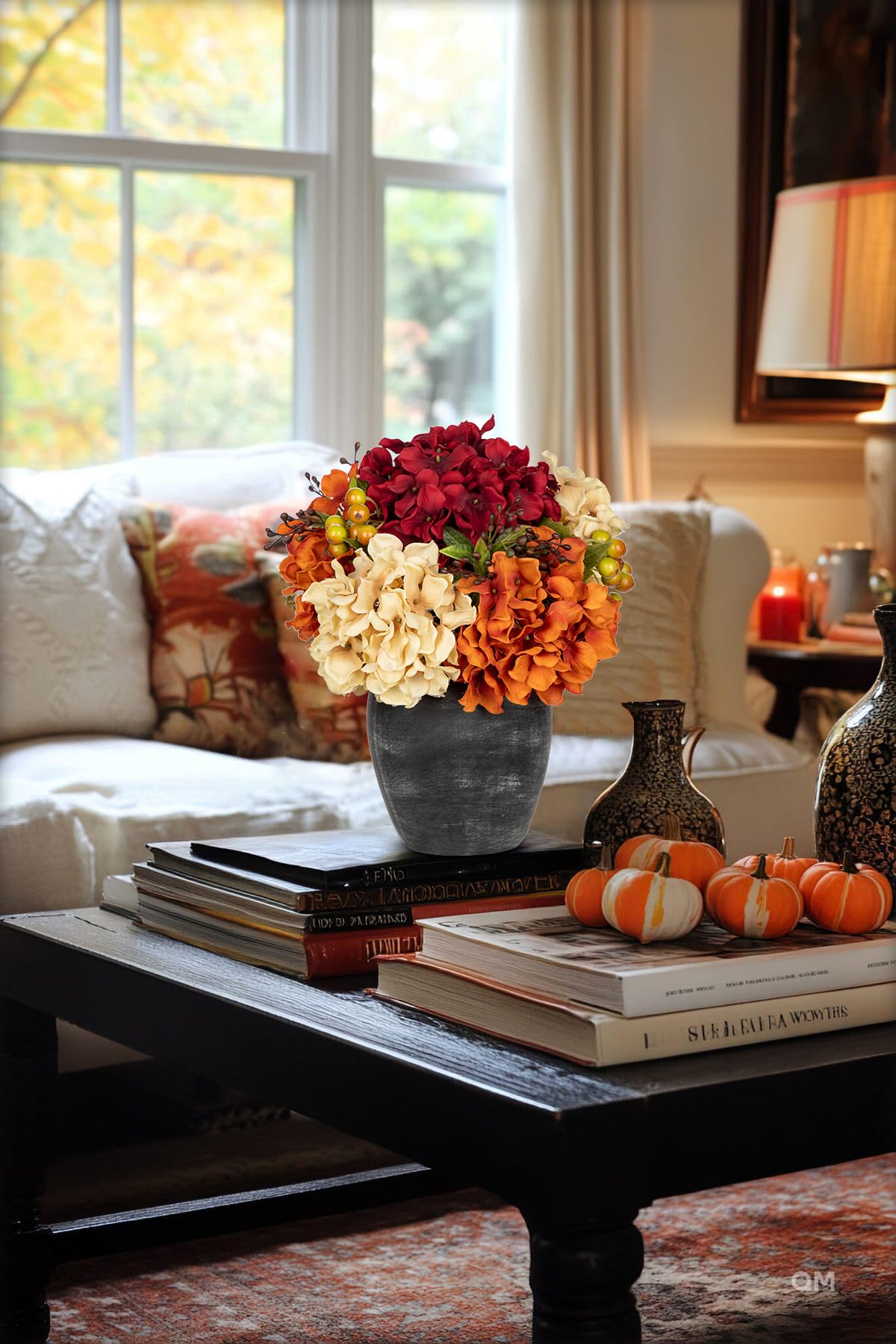 Oairse Artificial Hydrangea Arrangement, 11.8 Inch Silk Blooms in Ceramic Vase, Cream Orange Wine