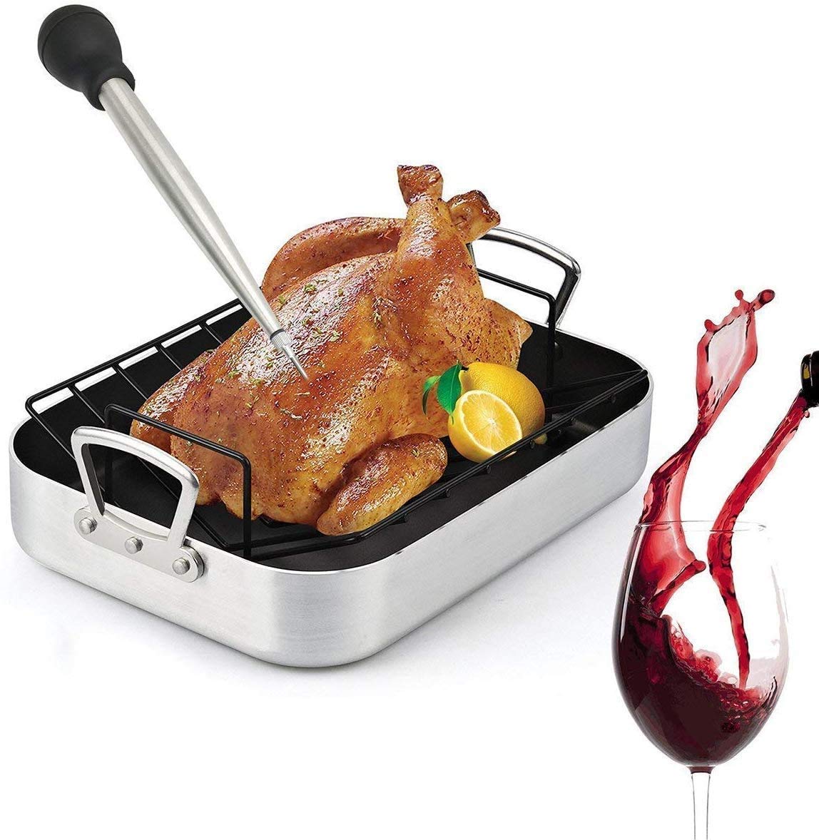 Home Servz Turkey Baster and Poultry Fork Set, Stainless Steel, Black and Silver
