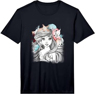 Disney The Little Mermaid Floral Anime Ariel Sketch Performance T-Shirt