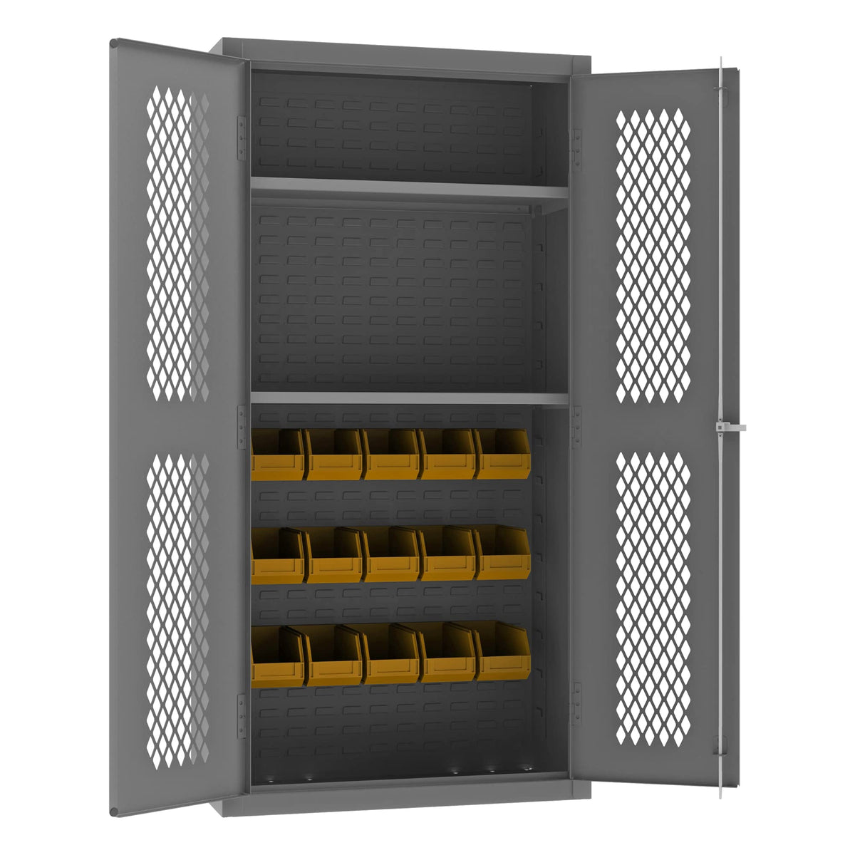 Heavy Duty Welded 14 Gauge Steel Ventilated Cabinet with 15 Bins by Durham – One Size, Alloy Steel, Grey, Model EMDC36242S15B95