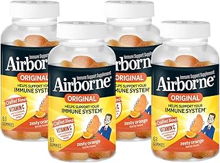 Airborne Immune Support Gummies, Zesty Orange Flavor, 63 ct - 750 mg Vitamin C + Vitamins A, D & E + Zinc, Selenium, and Manganese | with Herbal Blend | Naturally Flavored (4 Pack)