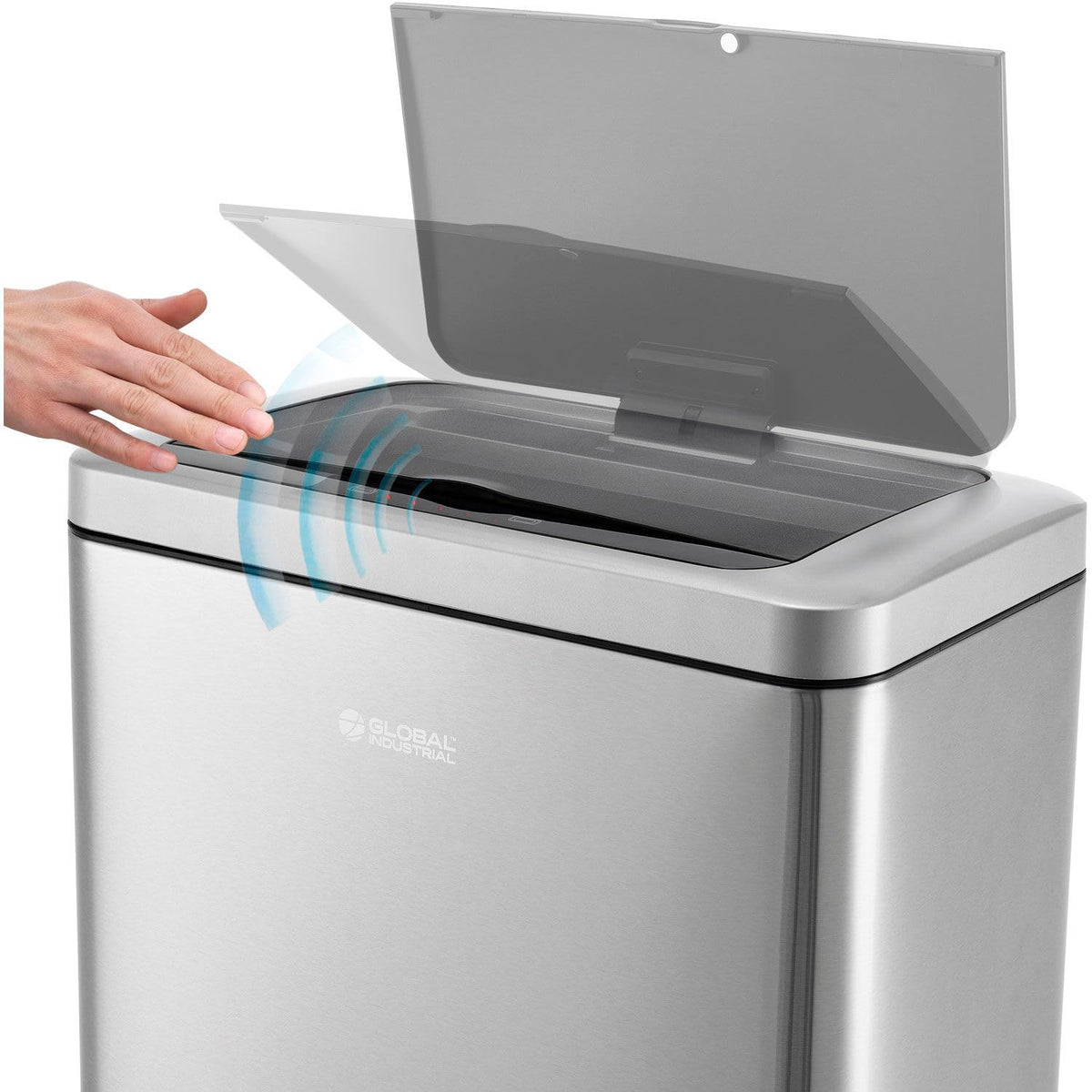 Indoor Rectangular Motion Sensor Trash Can with Plastic by Global Industrial – 12.0 gallons, Stainless Steel, Silver, Model EK9233MT-45L