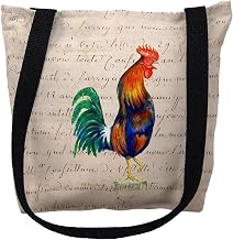 Betsydrake TY037AS 13 x 13 in. Blue Rooster Beige Script Tote Bag - Small