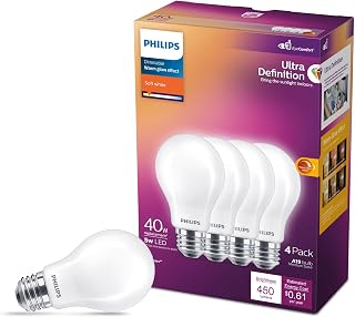 PHILIPS LED 40W A19 4-Pack Ultra Definition Soft White (2200K-2700) 450 Lumen (5W = 40W) Dimmable Frosted Flicker-Free Light Bulbs
