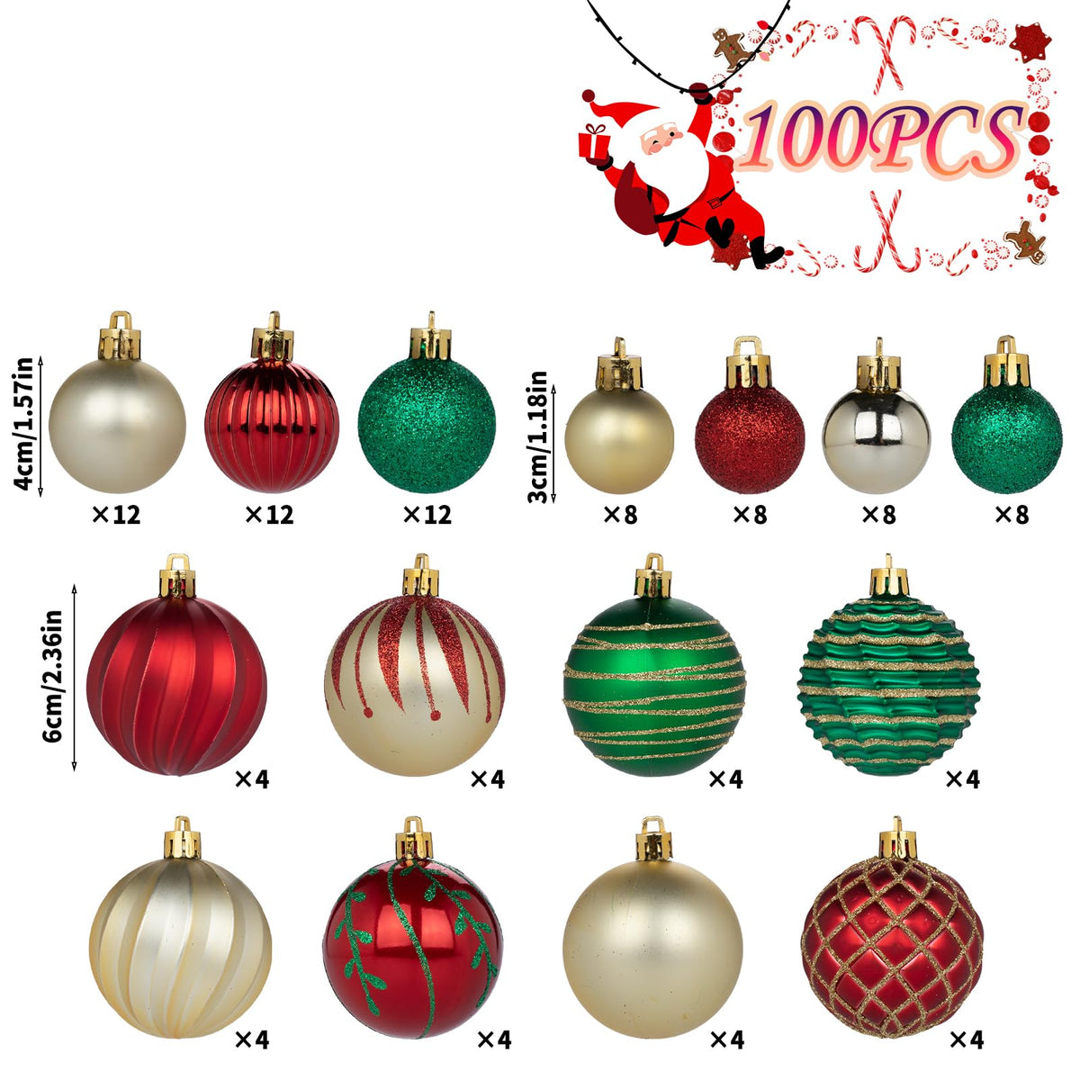 Forsylvanas Jewelry Christmas Ball Ornaments, 100 Pack, 3 Sizes in Gold Red Green