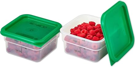 Cambro Food Storage Container with Lid (Microwave Safe and BPA-Free) - 2 Pack - Classic Series Square with Green Lid - 2 QT (Quart) - Commercial Grade for Food Prep (Translucent)