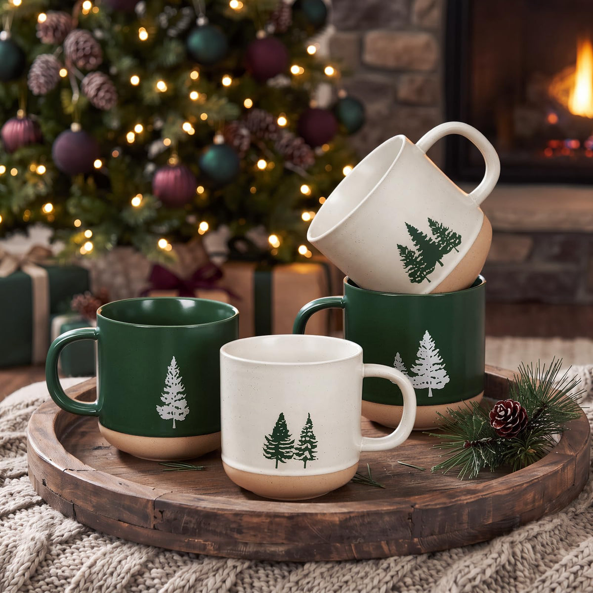 Bokon Christmas Tree Coffee Mugs, 16 oz Ceramic Cups, Set of 4