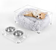 Billie 24" x 15.75" Small Modern Lucite Pet Bed with Washable Cushion and 4" Elevated Pet Feeder with 27 oz 2-Stainless Steel Bowls by THE LICKER STORE – Model DBD2001A-2SET
