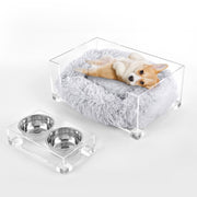 Billie 24" x 15.75" Small Modern Lucite Pet Bed with Washable Cushion and 4" Elevated Pet Feeder with 27 oz 2-Stainless Steel Bowls by THE LICKER STORE – Model DBD2001A-2SET