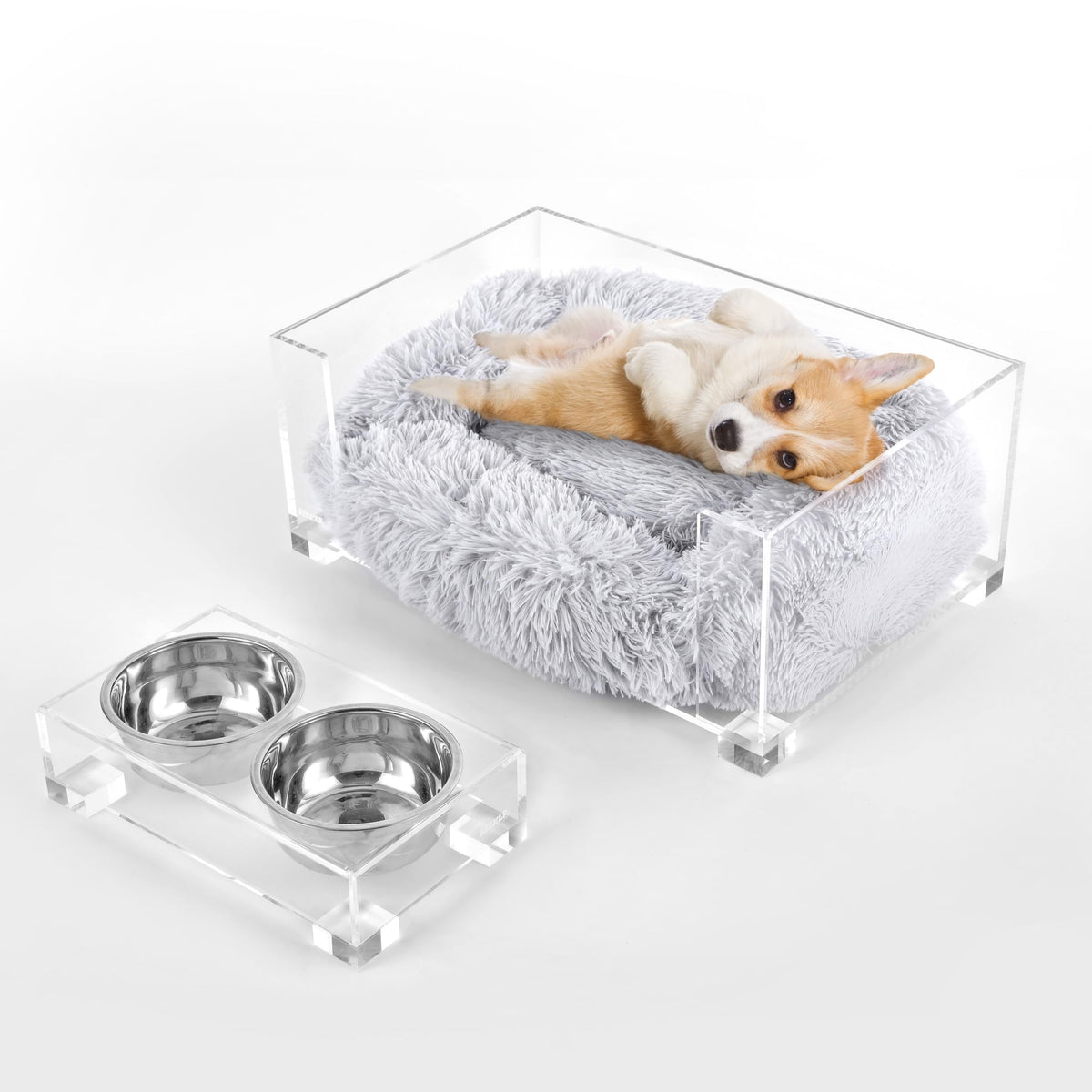 Billie 24" x 15.75" Small Modern Lucite Pet Bed with Washable Cushion and 4" Elevated Pet Feeder with 27 oz 2-Stainless Steel Bowls by THE LICKER STORE – Model DBD2001A-2SET