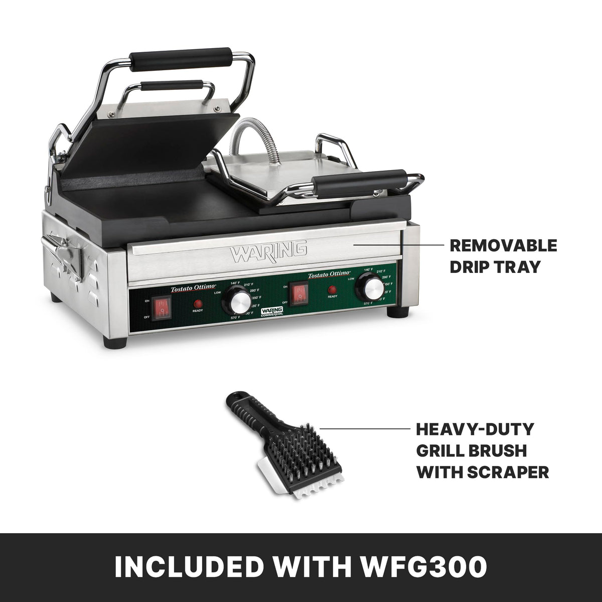 Panini Press with 17" x 9.25" Cooking Surface & Double Flat Plates by Waring – Large and Dual Cooking Surface Machines, Stainless Steel, Silver, Model WFG300