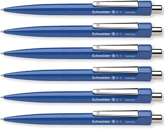 Schneider K1 Ballpoint Pen Medium Retractable Pens, Blue Ink, Pack of 6 | Refillable, Waterproof ISO-Certified Ink, For Home, Work & Office Use, Writing Pens