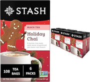 Stash Tea Holiday Chai Tea 18 Count Tea Bags (Pack of 6), Individual Spiced Black Tea Bags for Use in Teapots Mugs or Cups, Brew Hot Tea or Iced Tea | Cheerful, spiced blend with gingerbread, nutmeg and chai notes, Non-GMO Project Verified and foil-sealed freshness