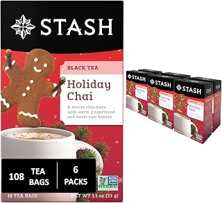 Stash Tea Holiday Chai Tea 18 Count Tea Bags (Pack of 6), Individual Spiced Black Tea Bags for Use in Teapots Mugs or Cups, Brew Hot Tea or Iced Tea | Cheerful, spiced blend with gingerbread, nutmeg and chai notes, Non-GMO Project Verified and foil-sealed freshness