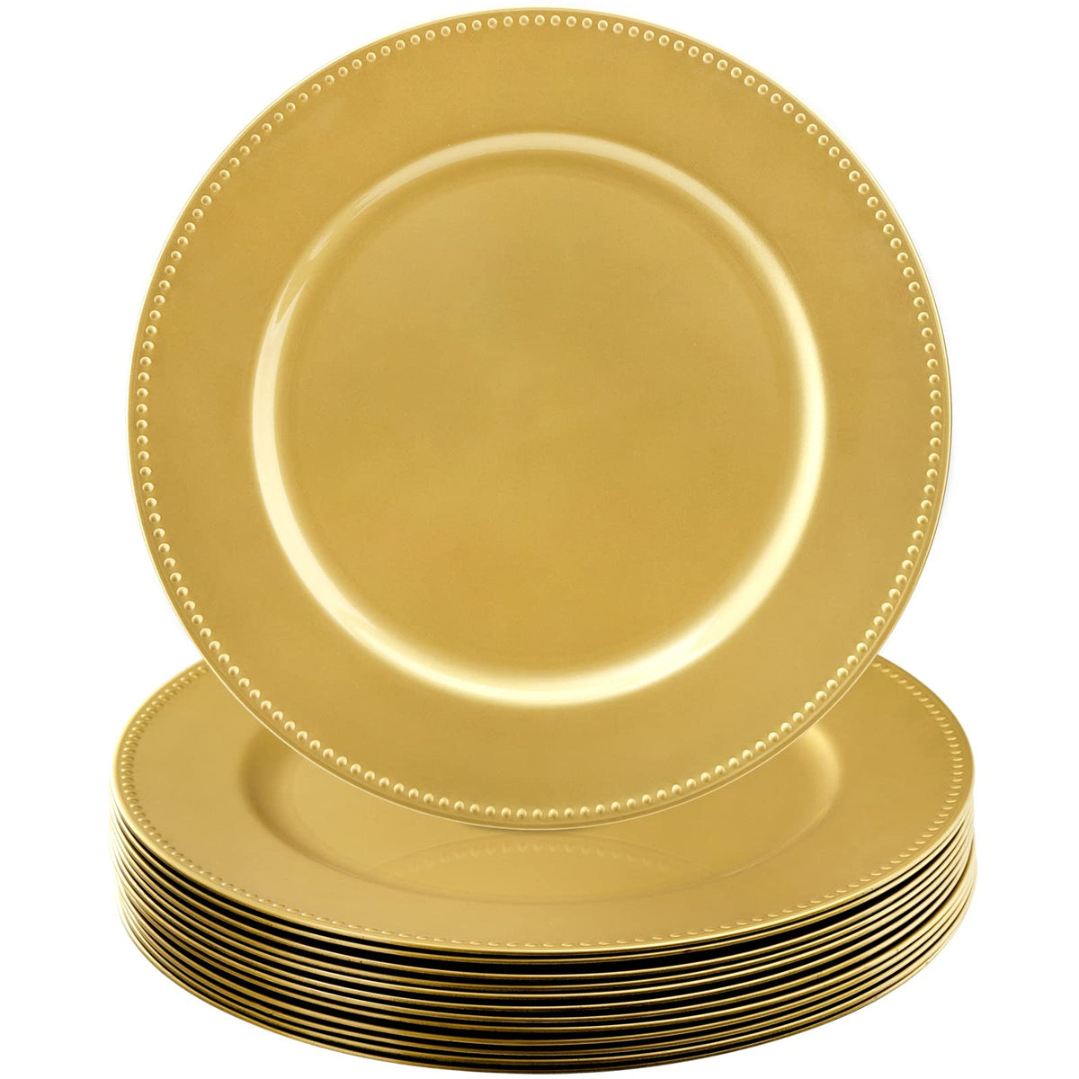 Okllen Charger Plates, 13 Inch Round Beaded, Gold, Set of 12