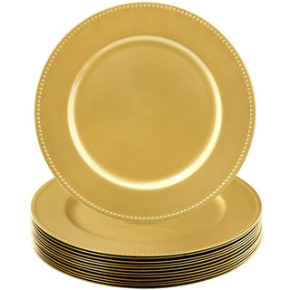 Okllen Charger Plates, 13 Inch Round Beaded, Gold, Set of 12
