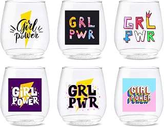 TOSSWARE POP 14oz Vino Girl Power Series, SET OF 6, Premium Quality, Recyclable, Unbreakable & Crystal Clear Plastic Printed Glasses