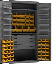 Durham 3501584RDR-95 Lockable Cabinet with 58 Yellow Hook-On Bins, 1 Adjustable Shelf, Flush Door Style, 1 Fixed Shelf, 4 Drawers, 12 Door Shelves, 36" Wide, 14 Gauge, Gray