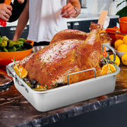 QPMR Roasting Pan with V Rack and Cooling Rack, Stainless Steel, 15 Inch, Silver