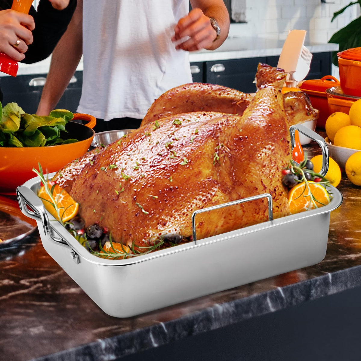 QPMR Roasting Pan with V Rack and Cooling Rack, Stainless Steel, 15 Inch, Silver